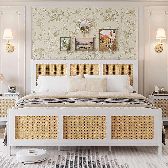 IDEALHOUSE Rattan Bed Frame with Headboard, Boho King Size Bed Frame with Strong Metal Slats Support, No Box Spring Needed, Noise-Free Design, White
