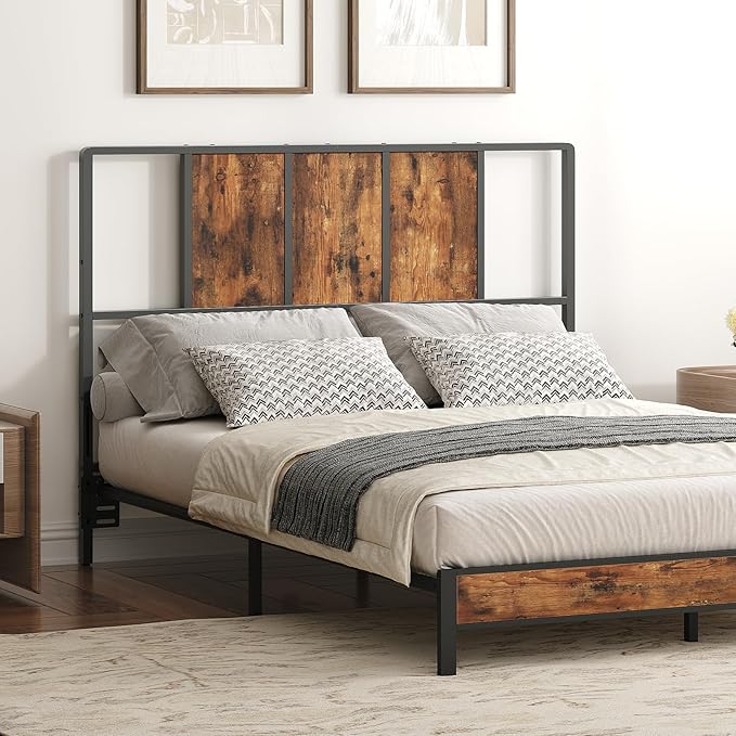 MAHANCRIS Full Size Headboard Only, Metal Headboard with Adapters, Minimalist Industrial Style for Full Size Beds, Rustic Brown and Black