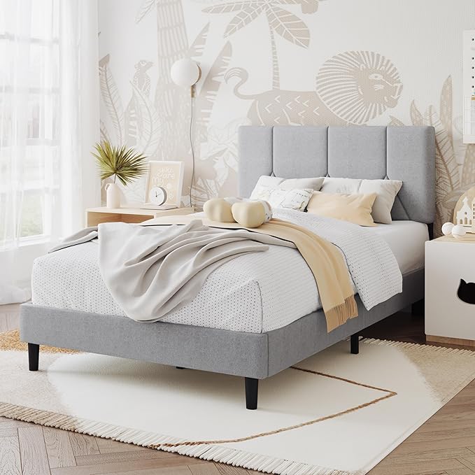 Twin Bed Frame, Padded Platform Bed Frame with Fabric Headboard, Vertical Quilted Design, Sturdy Slatted Mattress Base, No Spring Mattress Required, Easy to Assemble, Light Gray
