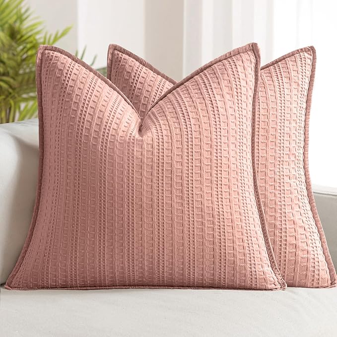 Set of 2 Decorative 100% Cotton Waffle Euro Sham Pillow Covers 24x24, Neutral Throw Pillows Weave European Cushion Cases for Couch Sofa Bed Modern Farmhouse Home Decor Valentines Day, Pink