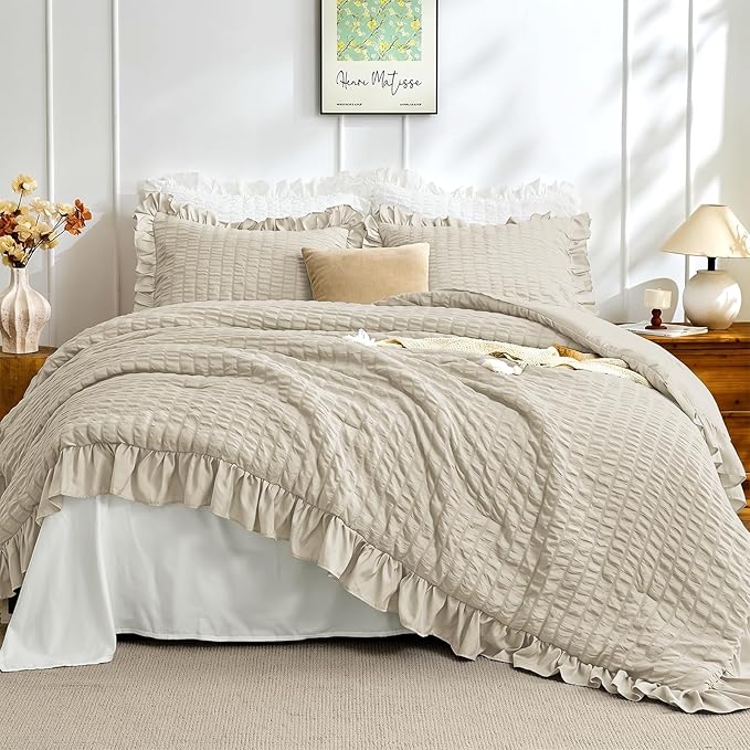 JOLLYVOGUE Full Size Comforter, 3 Pieces Linen Seersucker Lightweight Full Size Bedding, All Season Fluffy Microfiber Bedding Comforter Set with 1 Ruffle Comforter and 2 Ruffle Pillowshams