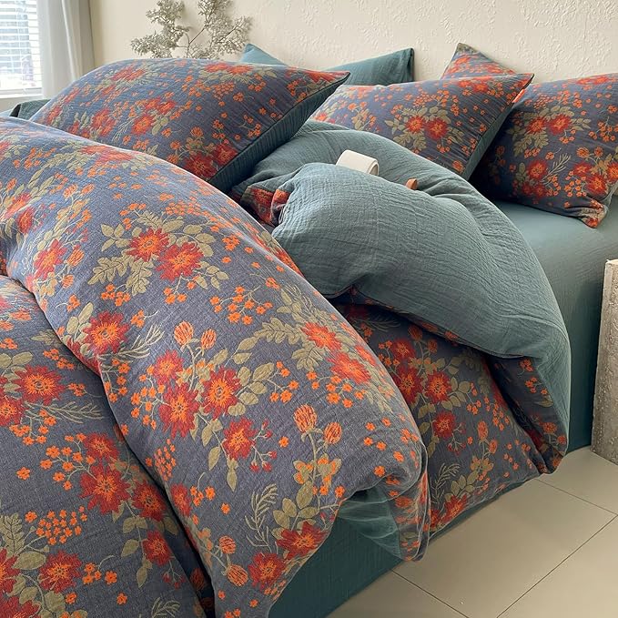 VM VOUGEMARKET Boho Vintage Floral Double Layer Gauze Jacquard Duvet Cover Set King, Dusty Smoky Blue Soft Breathable Cotton Muslin Bedding Set for Bedroom Decor