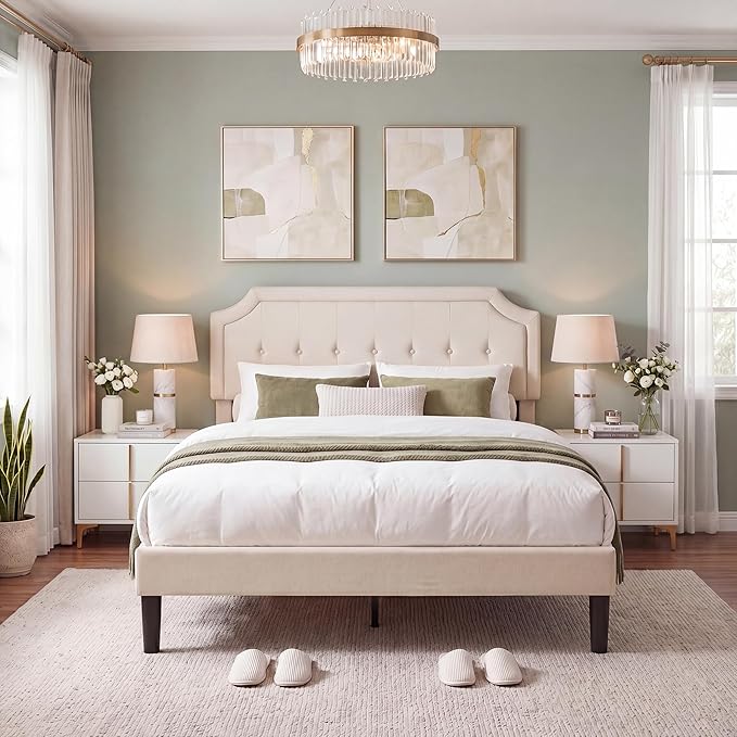 VECELO Full Size Platform Bed Frame with Fabric Upholstered Headboard and Wooden Slats Support, No Box Spring Needed/Easy Assembly,Light Beige