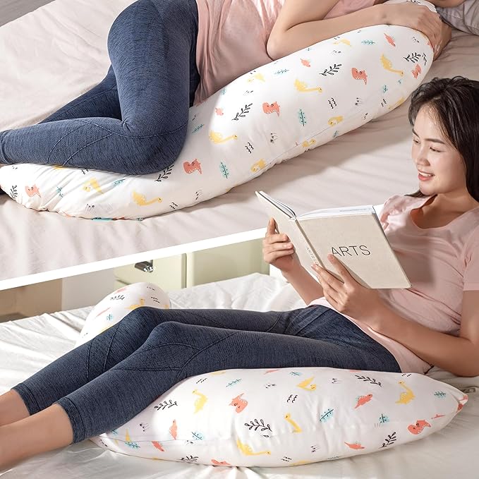 BYRIVER C Shaped Pregnancy Pillow with Cover, Knee Pillow for Side Sleeper Knees Legs HIPS Pain, Leg Pillow Elevation for Lower Back Pain, Versatile Small Body Pillow for Sleeping(Dino)