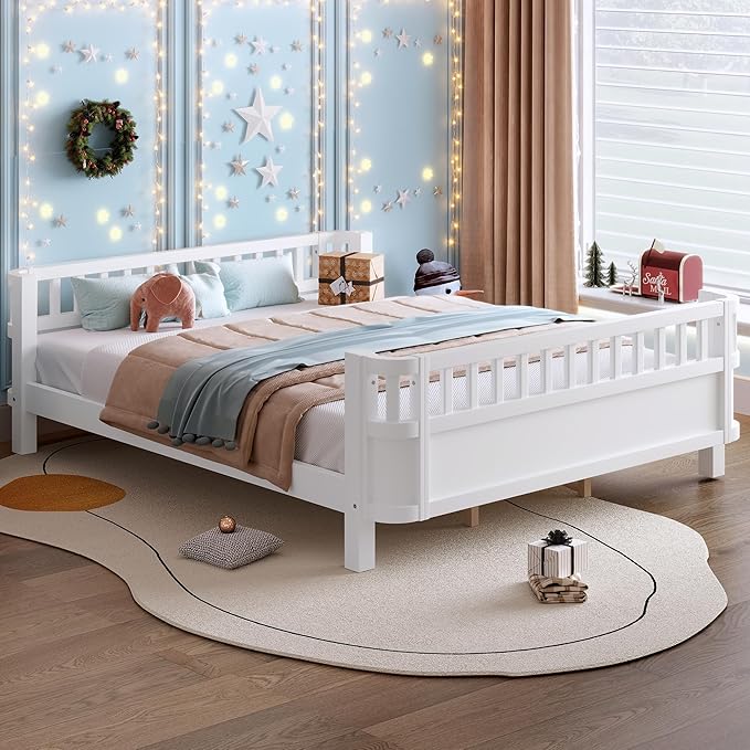 Bellemave Queen Size Montessori Bed with Fence & Slats, Platform Bed Frame with Detachable Side Rails, Rounded Corners, Safe & Easy Assembly,White Montessori Bed Queen Size
