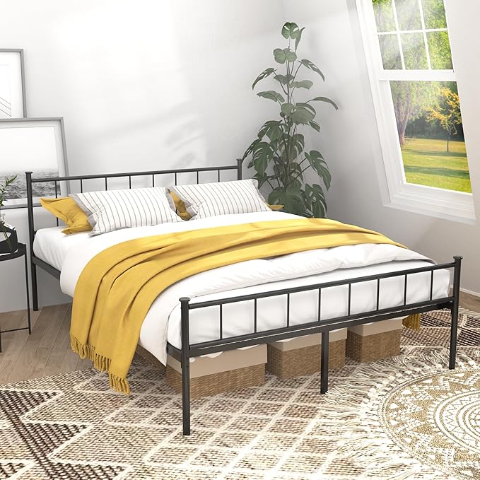 Queen Metal Platform Bed Frame, Victorian Vintage Style, Wrought Iron Headboard, Steel Slats, No Box Spring Needed (Black, Queen)