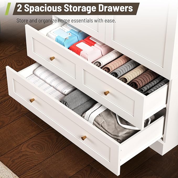 Armoire Wardrobe Closet with 2 Storage Drawers & 2 Door Cabinet, Bedroom Armoires with Full-Length Mirror, White Freestanding Wardrobe Combination with Hanging and Organizing Clothes for Home