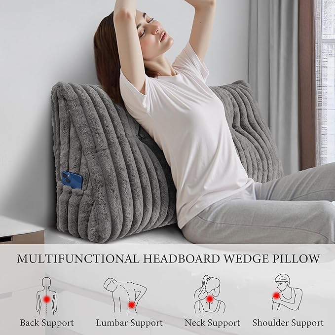 Headboard Pillow Twin XL, Triangular Wedge Pillow Headboard, Cushion Headboards Reading Pillows, Backrest Pillows for Sitting in Bed or Working with Removable Cover, Grey