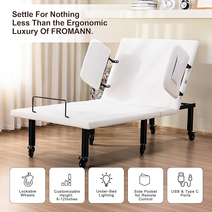 Fromann Twin XL Adjustable Bed Frame with Side Rails for Elders, Adjustable Base with Wheels, Eletric Bed Base Remote & Massage, Zero Gravity, Head and Foot Incline, Nightlights