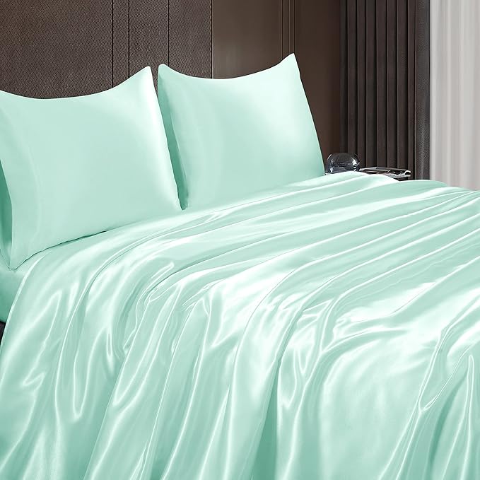Homiest 4pcs Satin Sheets Set Luxury Silky Satin Bedding Set with Deep Pocket, 1 Fitted Sheet + 1 Flat Sheet + 2 Pillowcases (King Size, Mint Green)