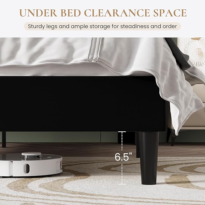 SHA CERLIN King Size Bed Frame with Charging Station, Velvet Upholstered Platform Bed, Wingback Storage Headboard, Type-C & USB Ports, Strong Wooden Slats, No Box Spring Needed, Easy Assembly, Black