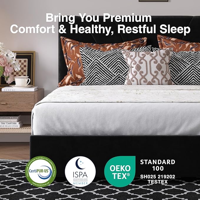Novilla Queen Bed Frame with Headboard, Queen Bed Frame with Drawers, Queen Bed Frame with LED Lights, Charging Station and Adjustable Headboard, No Box Spring Needed, Black Velvet