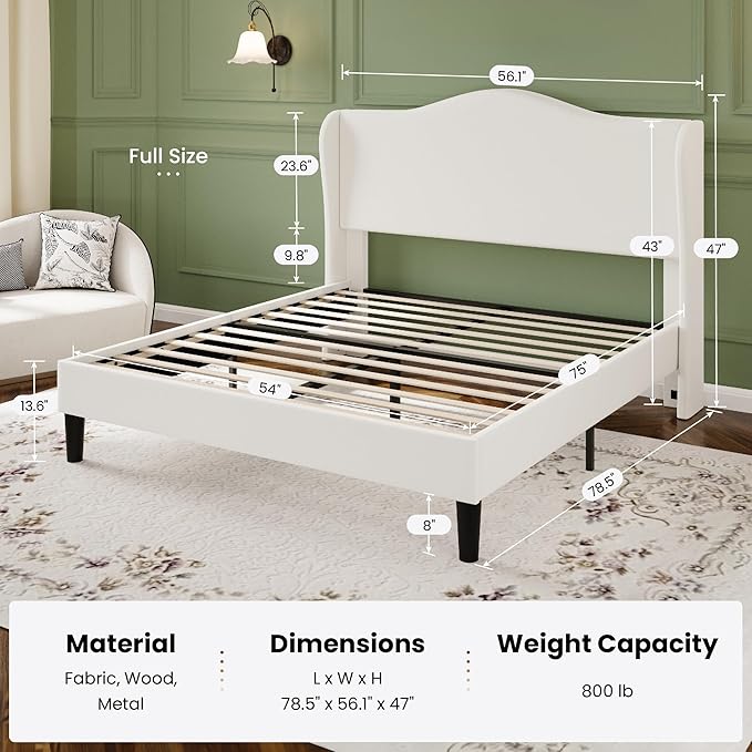 SHA CERLIN Full Size Velvet Platform Bed Frame with Elegant Wingback Headboard, Modern & Luxurious Design, Sturdy Wooden Slats, No Box Spring Required, Easy Assembly, Noise-Free, Soft White