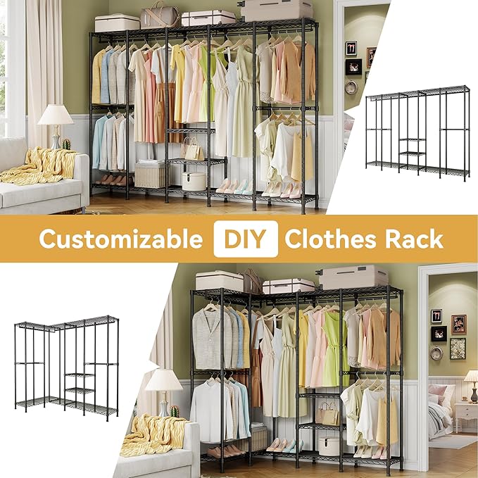 Higeego H5 Extra Large Wire Garment Rack, Heavy Duty Clothes Rack, Freestanding Clothing Rack for Hanging Clothes, Wardrobe Closet with Adjustable Shelf, 93.3" Wx15.7 Dx75.4 H, Black, Load 1400 lbs