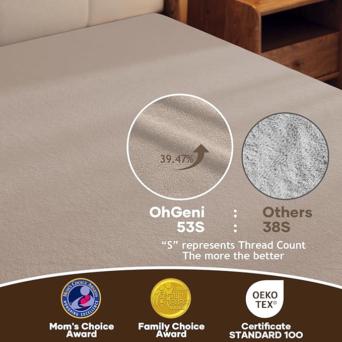 OhGeni 100% Waterproof Mattress Protector, Queen Size Brown, Fitted Sheet with Deep Pockets, 6''-18'', Premium Noiseless Breathable Soft Material, Mattresses Cover for Bed