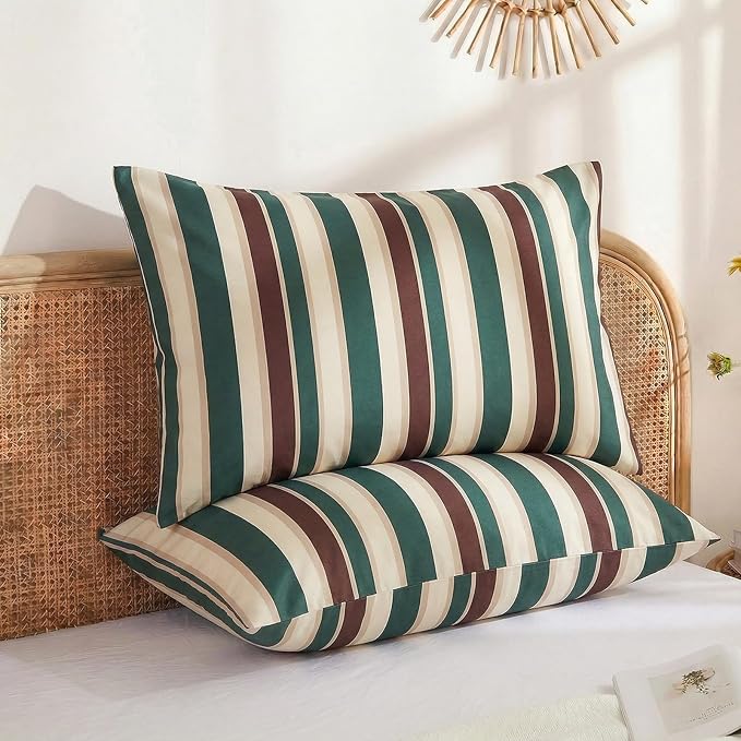 Merryword 100% Cotton Pillow Cases, King Size Pillowcases, Green Striped Pillowcases, Luxury Linen Like Pillowcase, Soft Breathable Cabana Stripes Pillow Covers, Set of 2