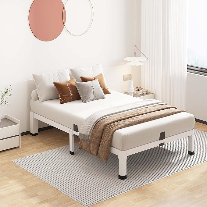 ROIL 7 Inch White Twin Bed Frame with Rounded Corner and Mattress Retainers, 3500LBS Heavy Duty Steel Slats No Box Spring Needed Platform Noise-Free Easy Assembly
