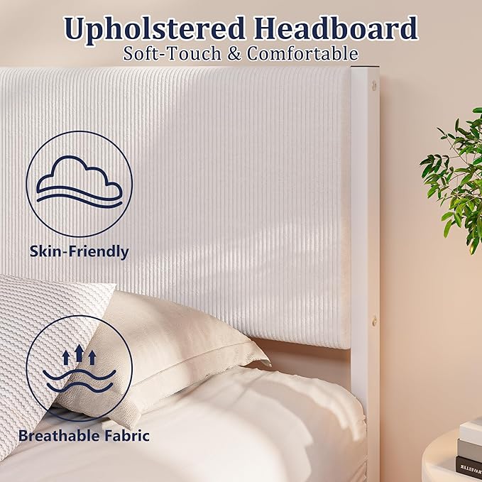 Twin Floating Bed Frame with Headboard,Twin Size Floating Bed Frame with LED Lights & USB Charging Station,Metal Platform Bed with Strong Slats Support,No Box Spring Needed,Easy Assembly,White