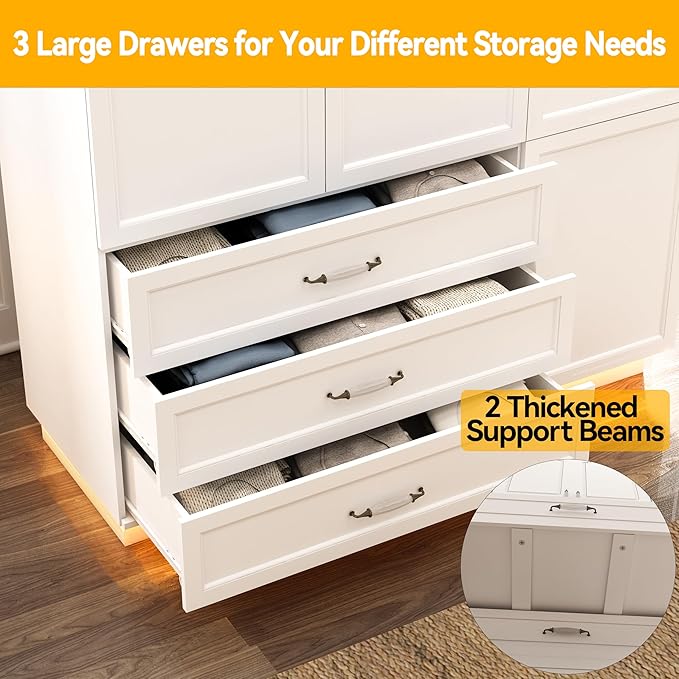 AXCITOC 72" Armoire Wardrobe Closet with 3 Door Wooden Bedroom Armoire with LED Light 3 Drawers Large Modern White Wardrobe Cabinet with Retro Ceramic Door Handles and Removable Hanging Rod