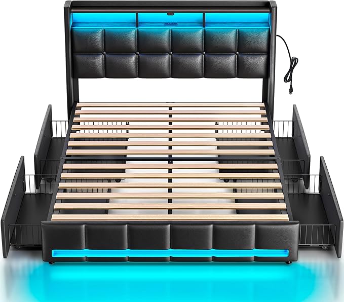 Rolanstar Full Size Bed Frame with LED Lights and Charging Station, PU Leather Bed Storage Headboard & Drawers, Heavy Duty Wood Slats, Easy Assembly, Black