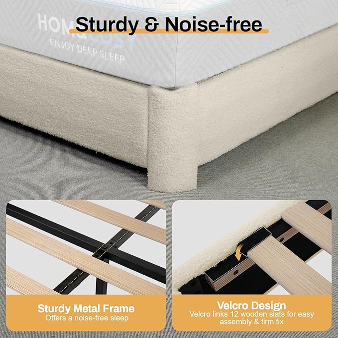 Full Size Bed Frame, Boucle Bed Frame with Adjustable Headboard, Modern Upholstered Platform Bed with Wood Slats, Soft Rounded Corners, No Box Spring Required, Noise-free, Easy Assembly, Light Beige