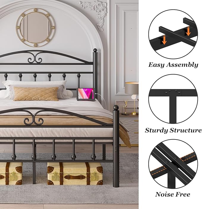 Queen Bed Frame with Headboard,Black Metal Platform Bed Frame Queen Size with LED Lights & Charging Station,Heavy Duty Metal Steel Slats,No Box Spring Needed,Noise Free,Easy to Assemble