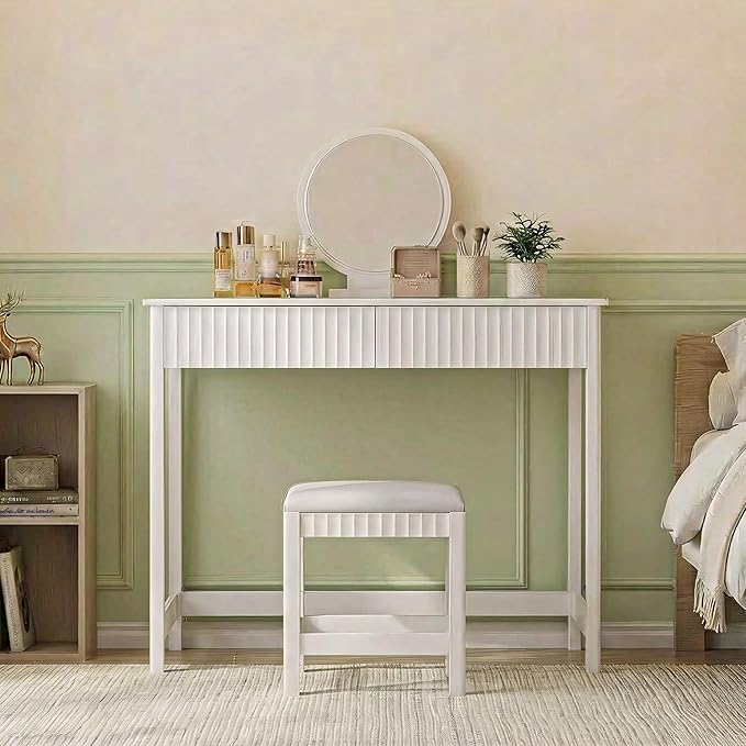 ChooChoo 47.2 Inch Modern Desk with Drawers, Makeup Vanity Desk with Padded Stool, Writing Computer Desk for Home Office & Bedroom, White