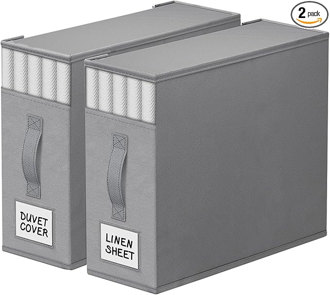 StorageTastic 2 Pack Bed Sheet Closet Organizers and Storage,Sturdy Foldable Storage Containers with Window and Label,Storage and Organization for Bedding Sheets,Duvet Covers,Blankets (Grey)