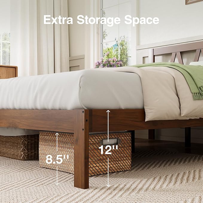 Novilla 12 Inch Solid Wooden King Size Bed Frame King Bed Frames with Headboard BedFrame Foundation No Box Spring Needed, Easy Assembly, Walnut