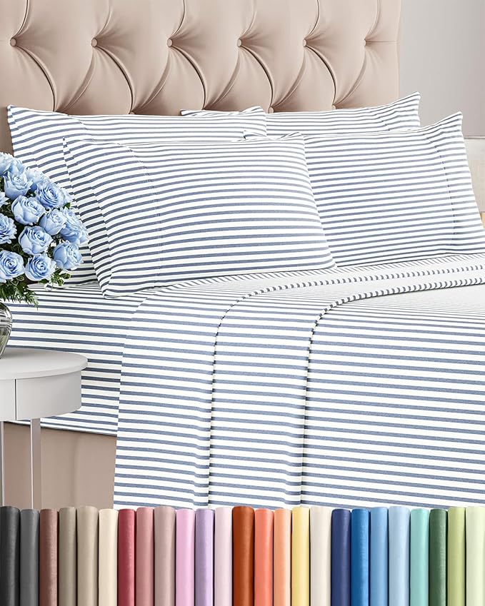 Full 6 Piece Sheet Set - Comfy, Breathable & Cooling - Soft Hotel Luxury Bedding for Women, Men, Kids, Teens and Children - 1 Flat & 1 Fitted Sheet & 4 Pillowcases with Deep Pockets - Blue Stripes 2