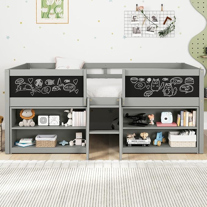 Giantex Low Loft Bed Twin Size, Wooden Loft Bed with Ladder & Blackboard, Twin Bed Frames for Kids with Storage 2 Bookcases and Play Space, Grey