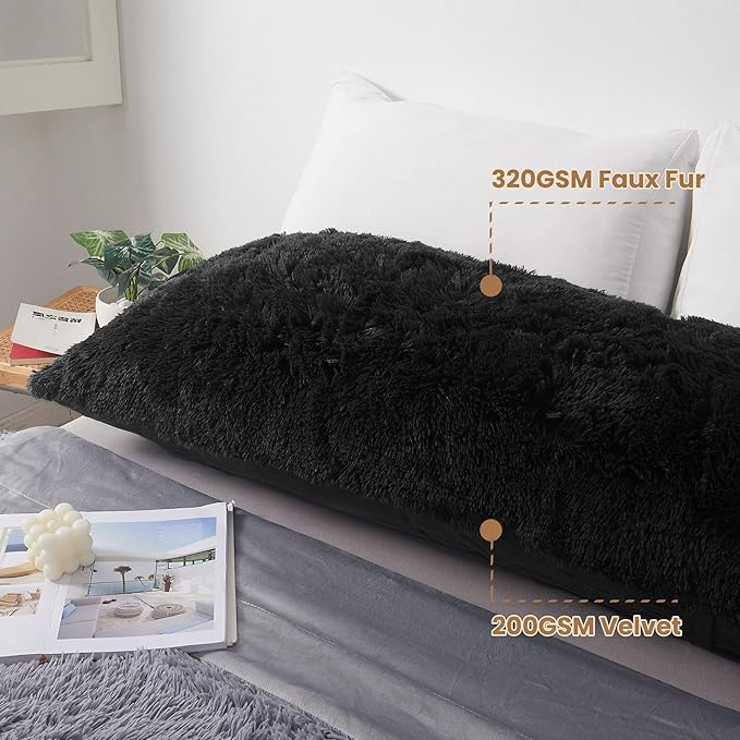 MEGO Luxury Fluffy Body Pillow Cover, 20x54 Shaggy Faux Fur Body Pillow Case, Black Soft Plush Fuzzy Body Pillowcase, Decorative Furry Long Bed Pillow with Zipper Closure Hug Pillow for Bedroom Black