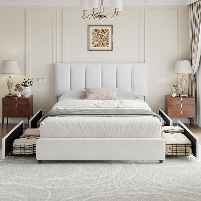VECELO Full Size Bed Frame with 4 Storage Drawers, Adjustable Height Headboard, Heavy-Duty Platform Bedframe with Strong Wooden Slats, No Box Spring Needed, Pure White