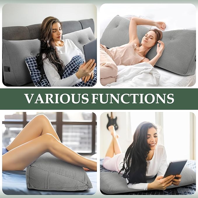 Huatean Home Soft Headboard Pillow Full Size, Wall Backrest Wedge Pillow Headboard Full, Reading Backboard Pillows, Large Dorm Daybed Bolster Pillows for Back Support with Removable Cover, Gray