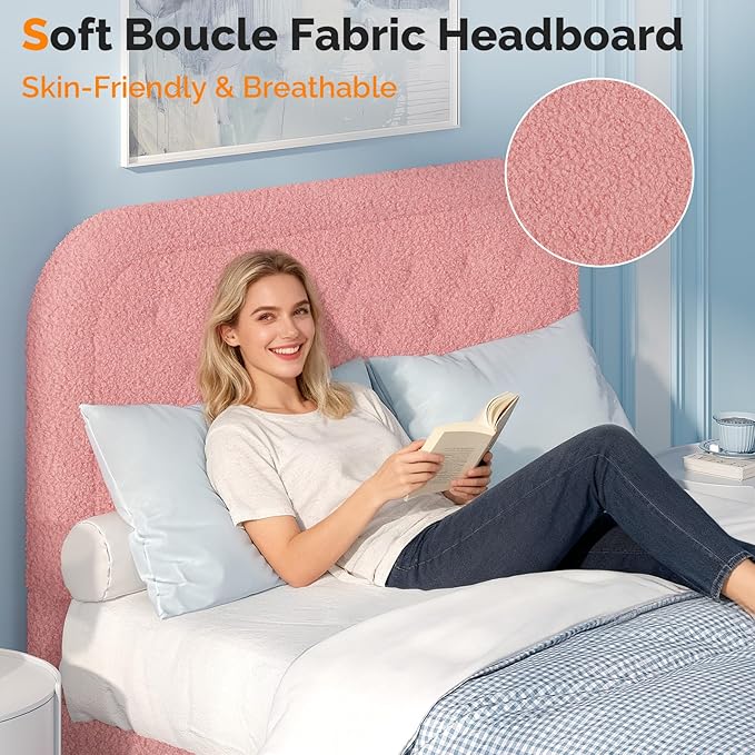 VINGLI Cloud Queen Bed Frame with Boucle Headboard,Cozy Soft Platform Bed with Wooden Slats, Cute Fabric Headboard, Cream Modern Style,Noise Free,Rounded Corners,Pink