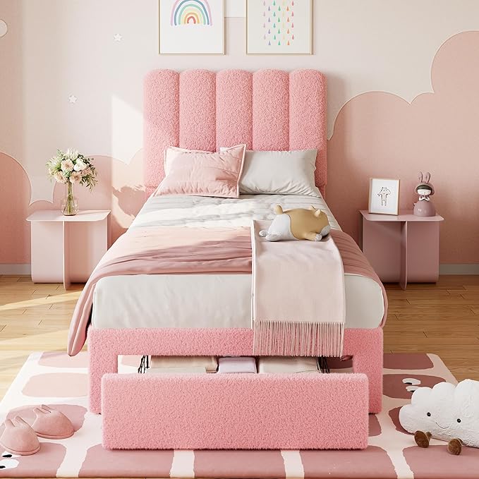 IDEALHOUSE Twin Bed Frame with Storage Drawer and Headboard, Boucle Upholstered Twin Platform Bed Frame for Girls, Strong Wooden Slats Support, Noise-Free, Easy Assembly (Boucle Pink)