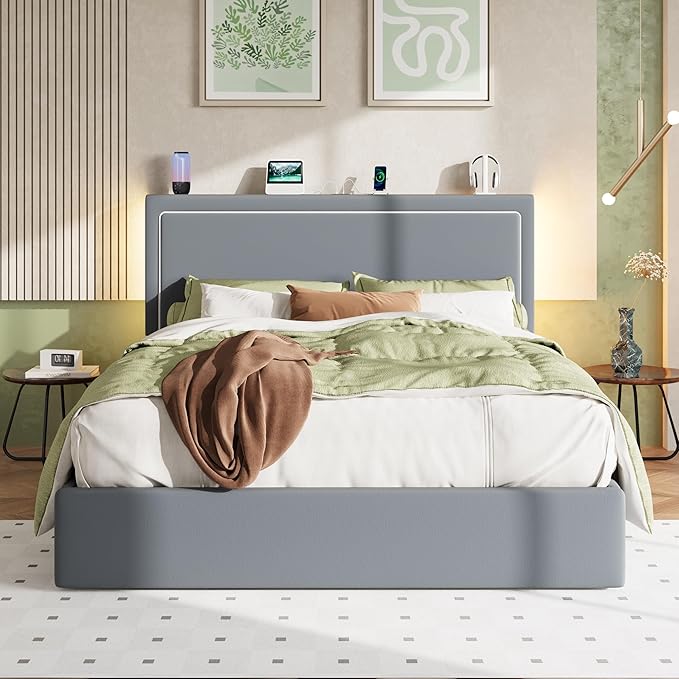 Allewie Queen Size Lift Up Storage Bed Frame with Charging Station & LED Lights, Adjustable Velvet Upholstered Storage Headboard, Type-C & USB Ports, Hydraulic Support, No Box Spring Needed, Grey