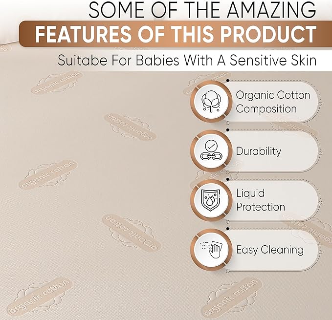 Crib Organic Mattress Protector Pad - OCS Certified Organic Cotton Waterproof Breathable Mattress Pad Cover - 250 GSM Comfort - Deep Pocket - Fitted Comfort