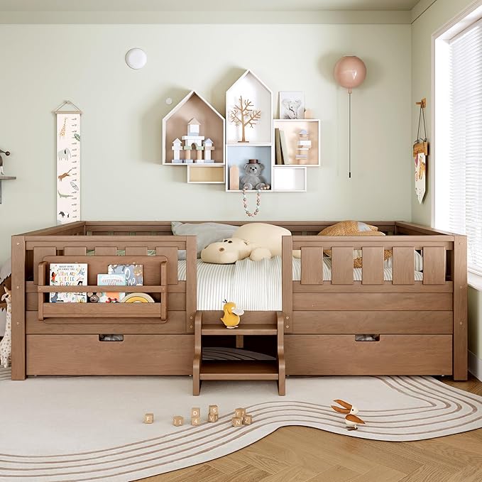 Bellemave Queen Size Kids Montessori Bed with Stairs and Bookshelf,Solid Wood Queen Size Kids Bed Frame with Drawers and Storage for Girls Boys,Low-Profile,Natural