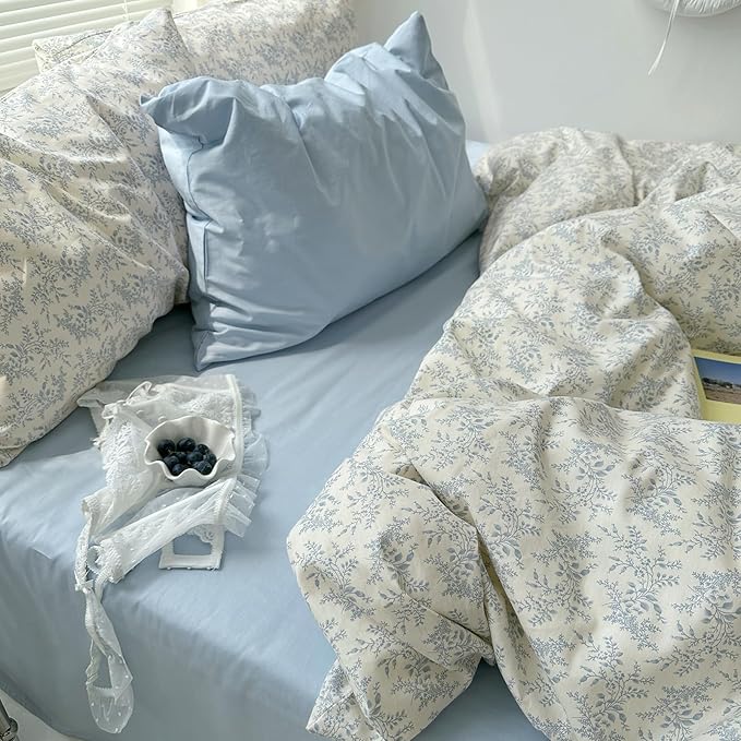 mixinni Blue Floral Duvet Cover Twin XL Size - 100% Cotton Soft Boho Comforter Cover with Zipper Closure 4 Ties, 3-Piece Vintage Aesthetic Botanical Bedding Set with 2 Pillowcases, All Season Bed Set