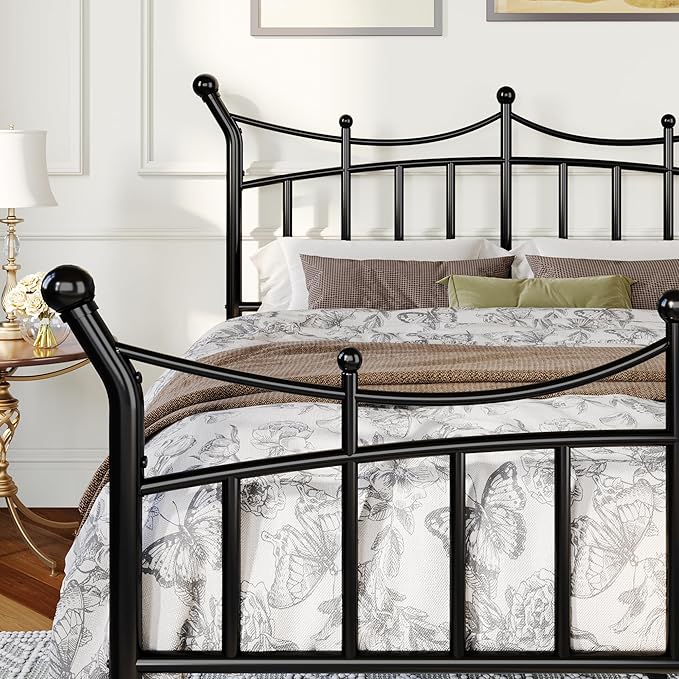 Allewie 14 Inches Queen Size Metal Platform Bed Frame with Elegant Crown Iron-Art Headboard & Footboard, Sturdy Mattress Foundation with Under-Bed Storage, Easy Assembly, No Box Spring Needed, Black
