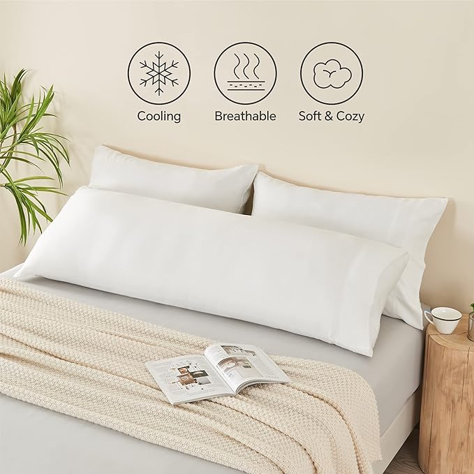 BEDELITE Body Pillow Cover, Rayon Made from Bamboo, Cooling Body Pillow Pillowcase for Hot Sleepers and Night Sweats, Breathable & Silky Soft Full Long Pillow Case Cover (White, 20x54 Inches)