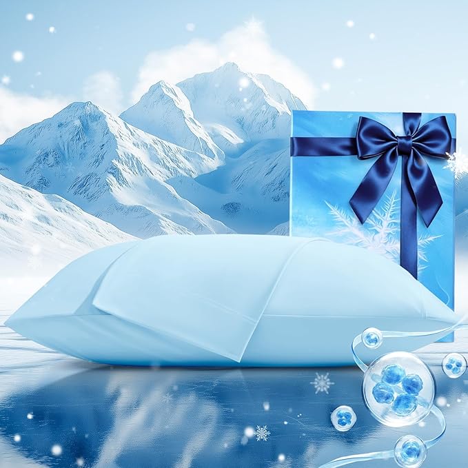 Cooling Pillow Cases 2 Pack Standard Size Cooling Pillowcases for Hot Sleeper Q-Max>0.5, Hydrates Skin & Hair, Reduces Wrinkles & Frizz, Soft Smooth Silky Pillowcases Envelope Set of 2, Blue