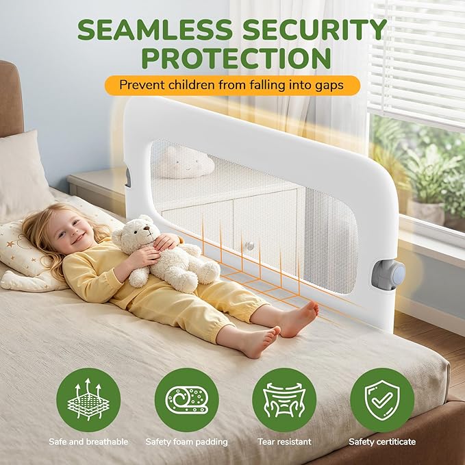 Bed Guard Rail for Toddlers - 47" Adjustable Heights & Folding up Portable Bed Railing for Baby - Toddler Bed Rails Guard for Crib, Twin, Bunk,Full Size, Queen & King Bed (White)