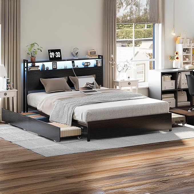 VINGLI Full Bed Frame with 4 Storage Drawers and Adjustable Headboard Shelf, Metal Double Platform Captain Bed with Charging Station and RGB LED Lights, No Box Spring Needed, Noise Free, Black