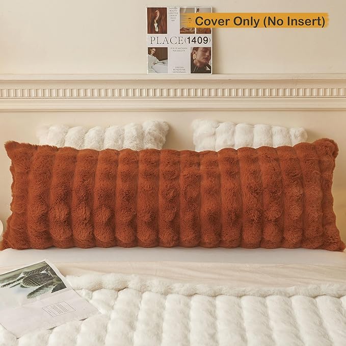 LIFEREVO Fluffy Faux Rabbit Fur Body Pillow Cover, Cozy Bubble Shaggy Plush Bed Body Pillowcase with Zipper Closure, Long 20"x54" Fuzzy Furry Pillow Case for Bedroom Home Decoration, Burnt Orange