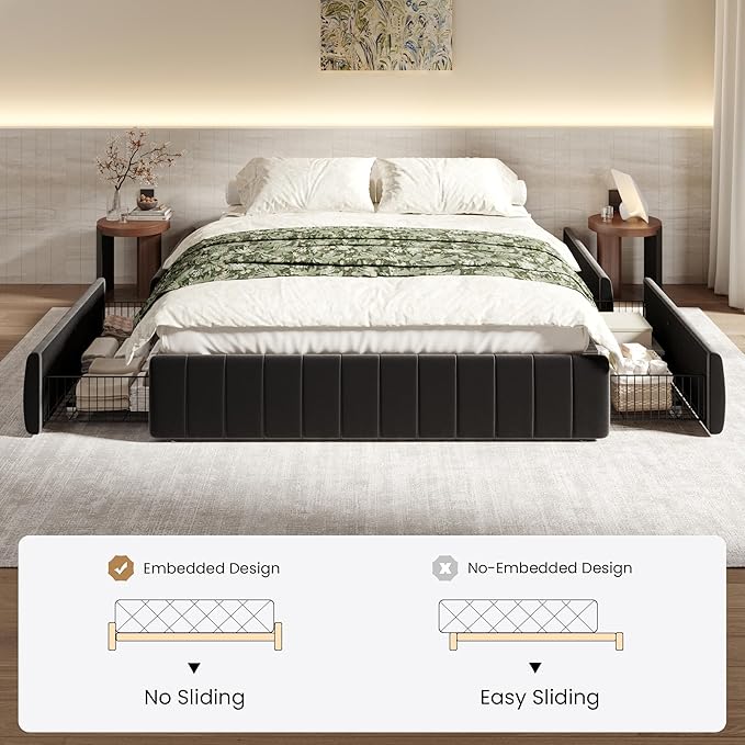 SHA CERLIN Full Size Velvet Upholstered Platform Bed Frame with 4 Storage Drawers, Vertical Channel Tufted, Low Profile, Fits Standard Headboards, Wooden Slats Support, Easy Assembly, Black