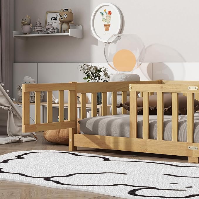 Bellemave Twin Floor Bed with Slats and Door, Twin Size Montessori Floor Bed with Fence and Door, Easy Assemble Montessori Beds Frame for Girls, Boys, Natural
