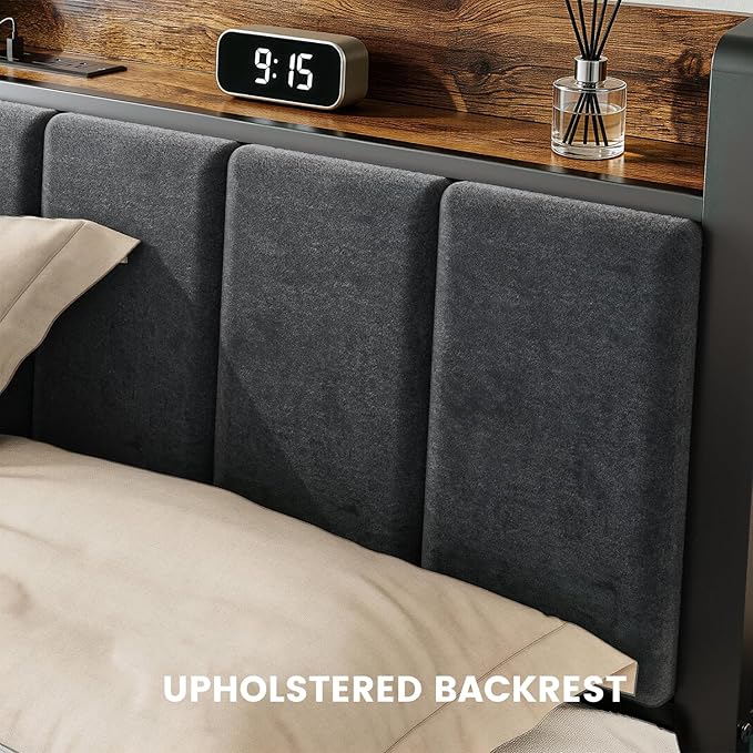 Twin Size Bed Frame with Storage Headboard and Charging Station, Smart RGB LED Lights, Metal Platform Bed with USB & Type-C Ports, Noise Free, Easy Assembly, No Box Spring Needed