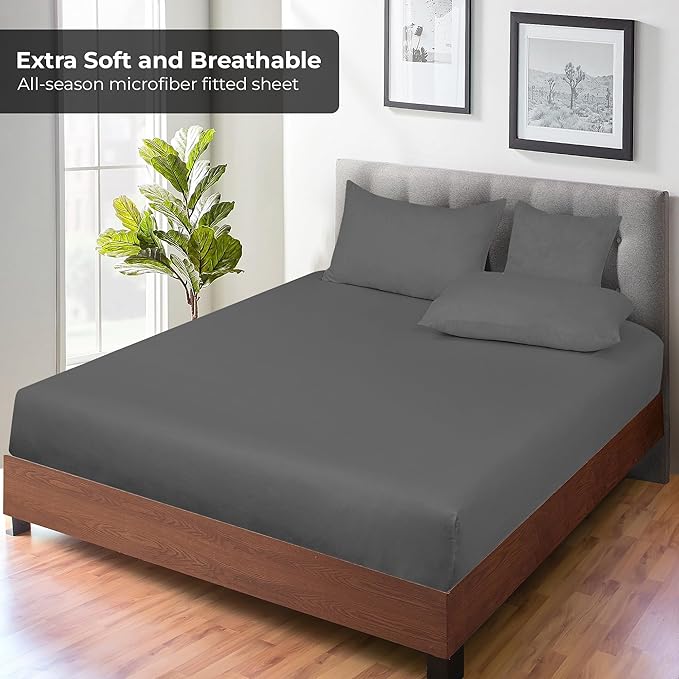 Royale Linens 2 Pack Fitted Sheet - Elastic Sheets - Queen Fitted Sheet Only -Soft & Breathable - Brushed 1800 Microfiber - Stain Resistant- Hotel Quality Deep Pocket Stretches Up to 16" (Queen, Grey)